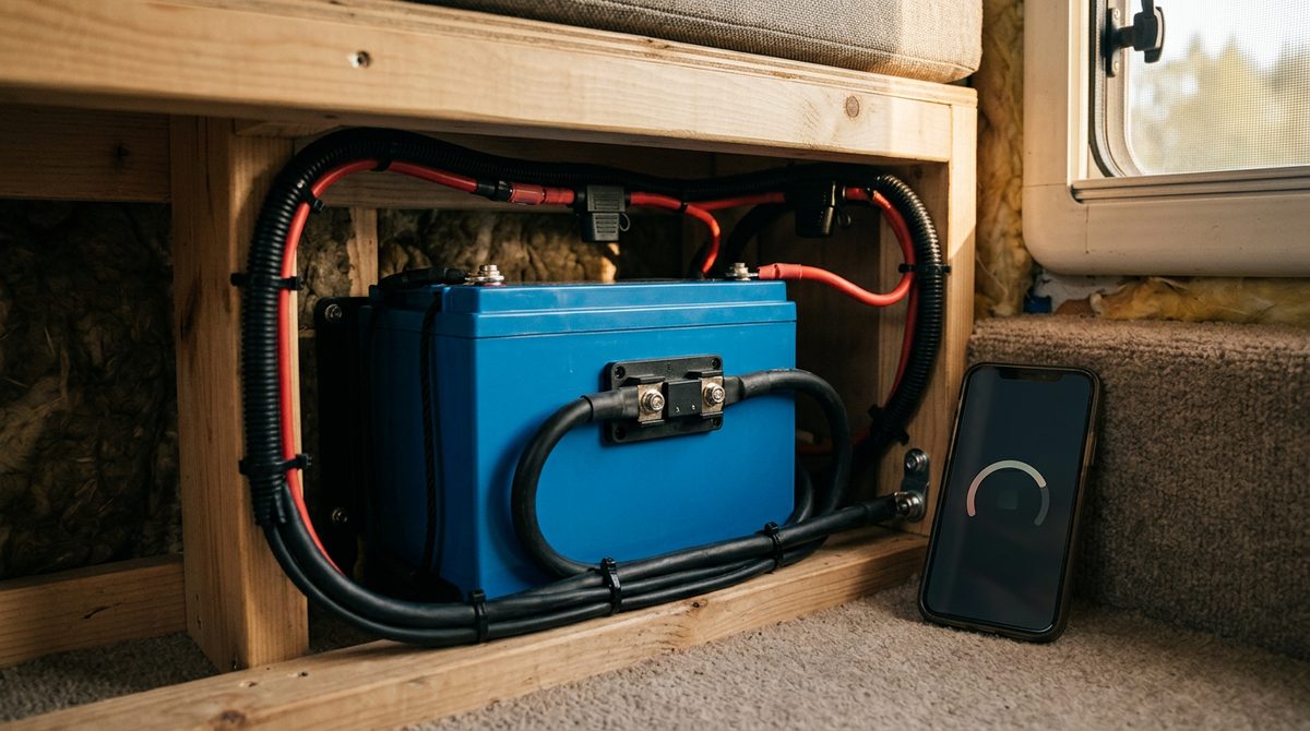 Batterie mit Shunt und Smartphone-Anzeige im Camper