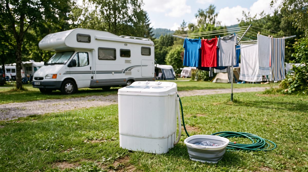 Mini-Waschmaschine neben einem Wohnmobil auf dem Campingplatz