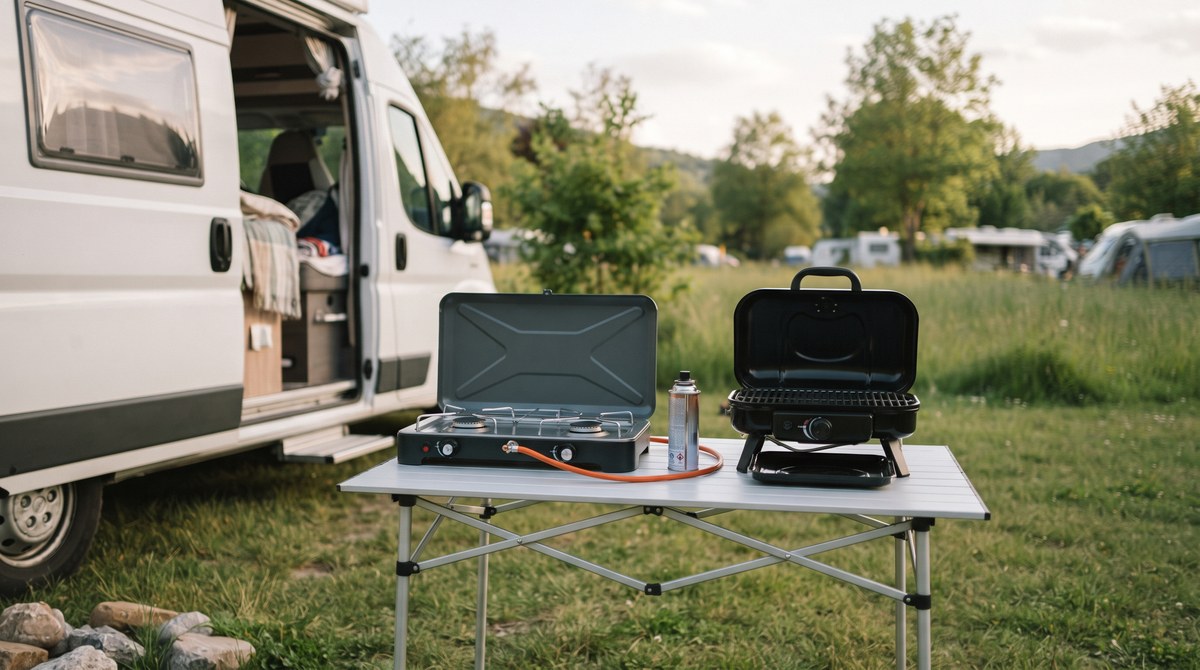 Campingkocher und Gasgrill auf einem Tisch neben einem Wohnmobil
