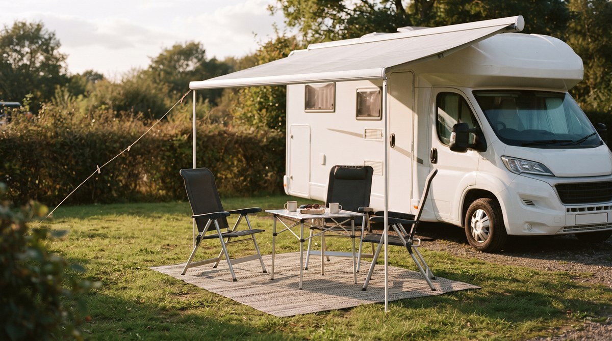 Campingstuehle und Klapptisch unter der Markise eines Wohnmobils
