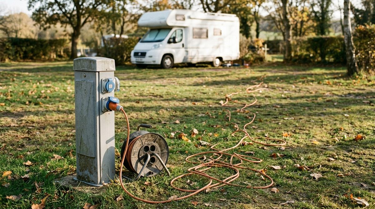 Stromsäule auf dem Campingplatz mit blauen CEE-Steckdosen, orangem Campingkabel und Kabeltrommel, im Hintergrund ein Wohnmobil