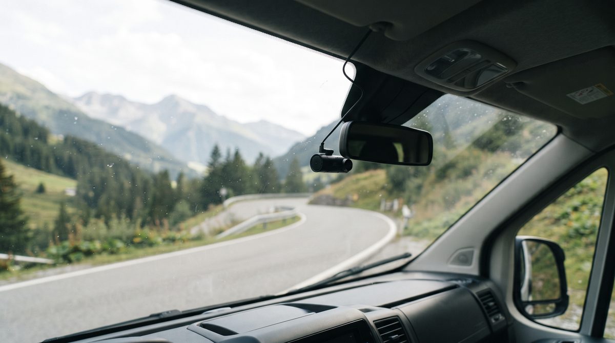Dashcam hinter dem Spiegel im Fahrerhaus eines Wohnmobils