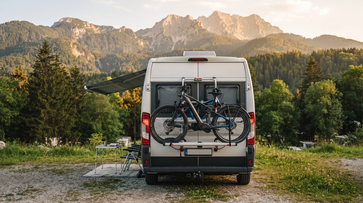 Wohnmobil mit Fahrradträger und E-Bikes