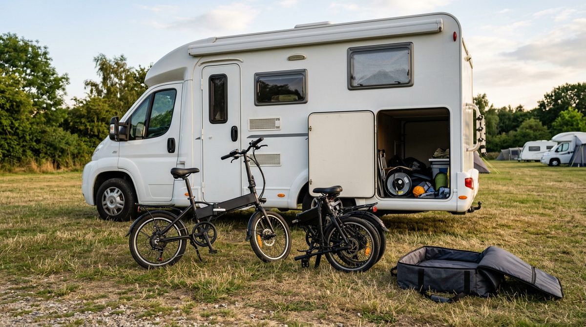 Zwei E-Falträder vor der Heckgarage eines Wohnmobils