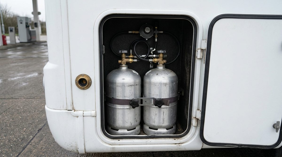 Geöffneter Gaskasten eines Wohnmobils mit zwei Aluminium-Tankflaschen, Druckregler und Füllanschluss an der Außenwand