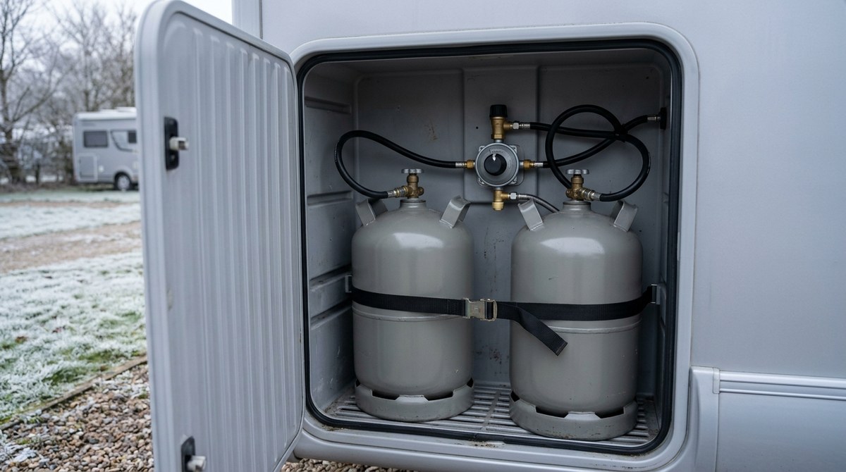 Gaskasten im Wohnmobil mit zwei Gasflaschen und Umschaltautomatik