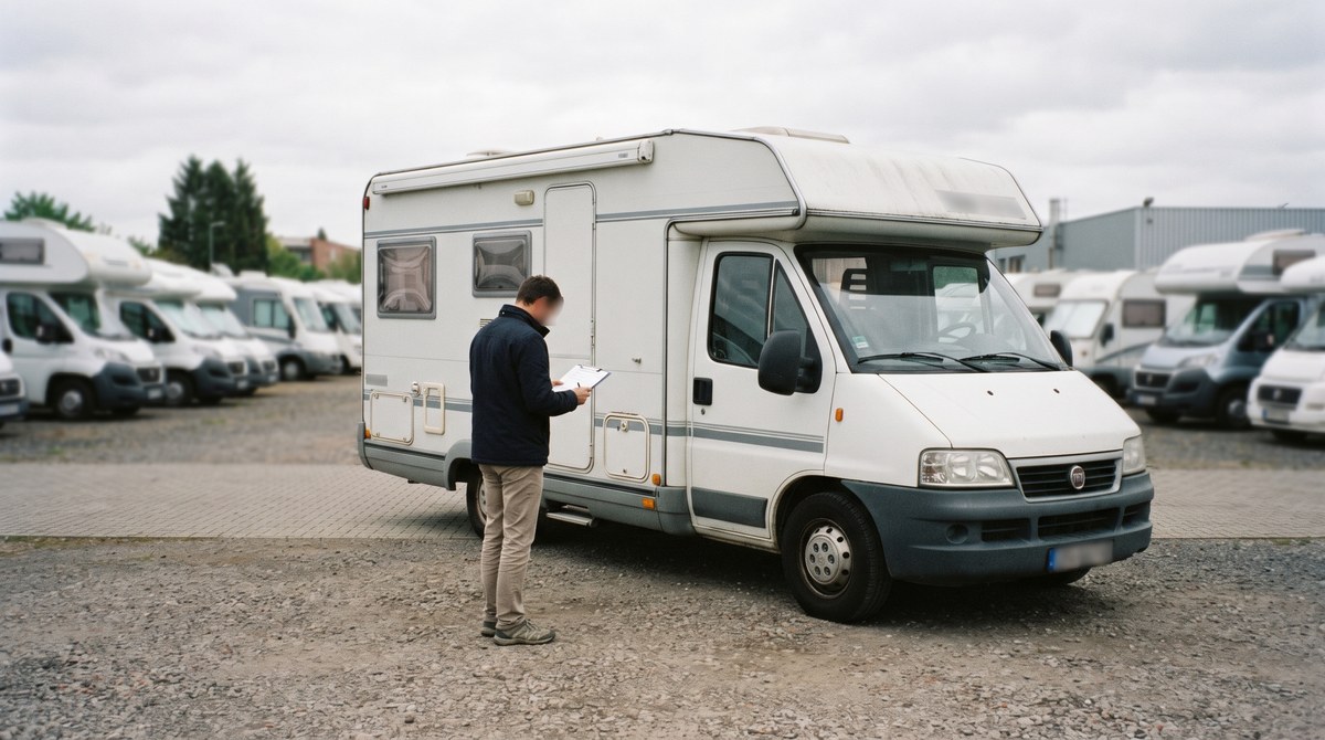 Person prüft ein gebrauchtes Wohnmobil beim Händler