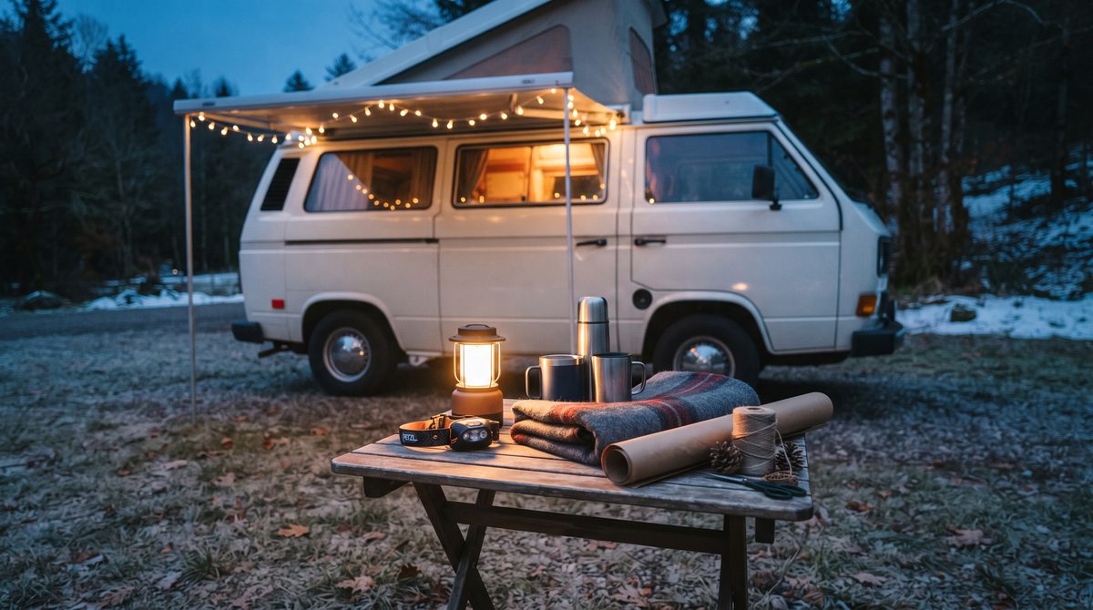 Campinglaterne, Thermobecher und Teppich vor einem Campervan