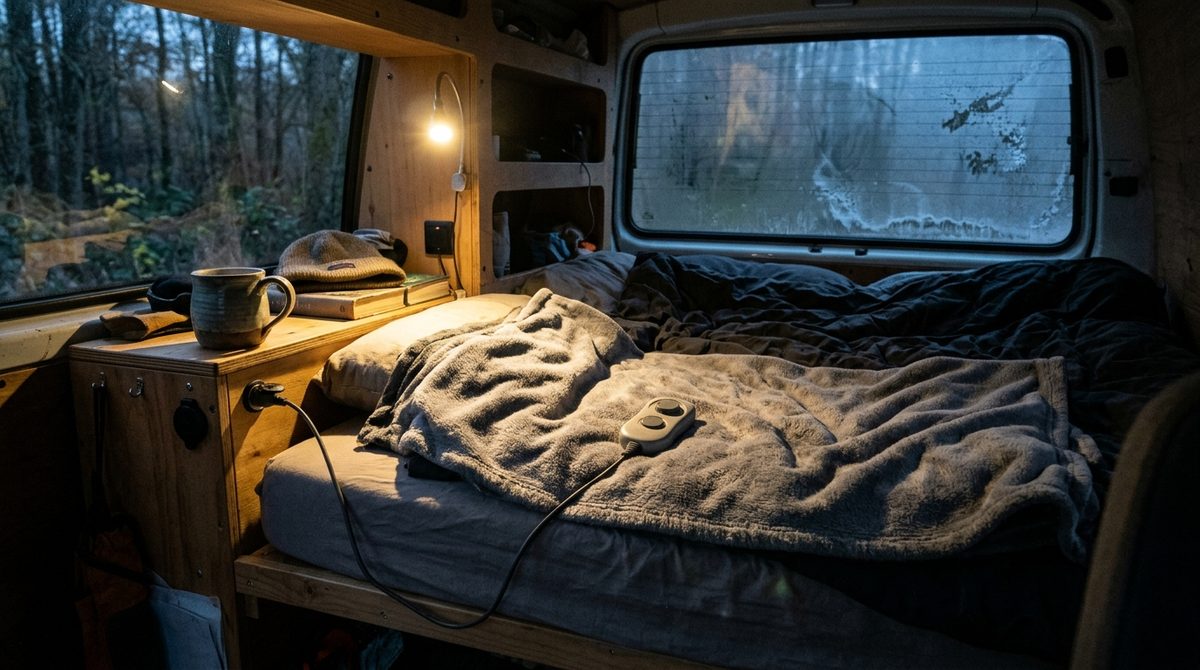 Heckbett eines Campervans mit grauer Heizdecke, Handregler und Kabel zur 12-Volt-Steckdose an einem kalten Herbstabend