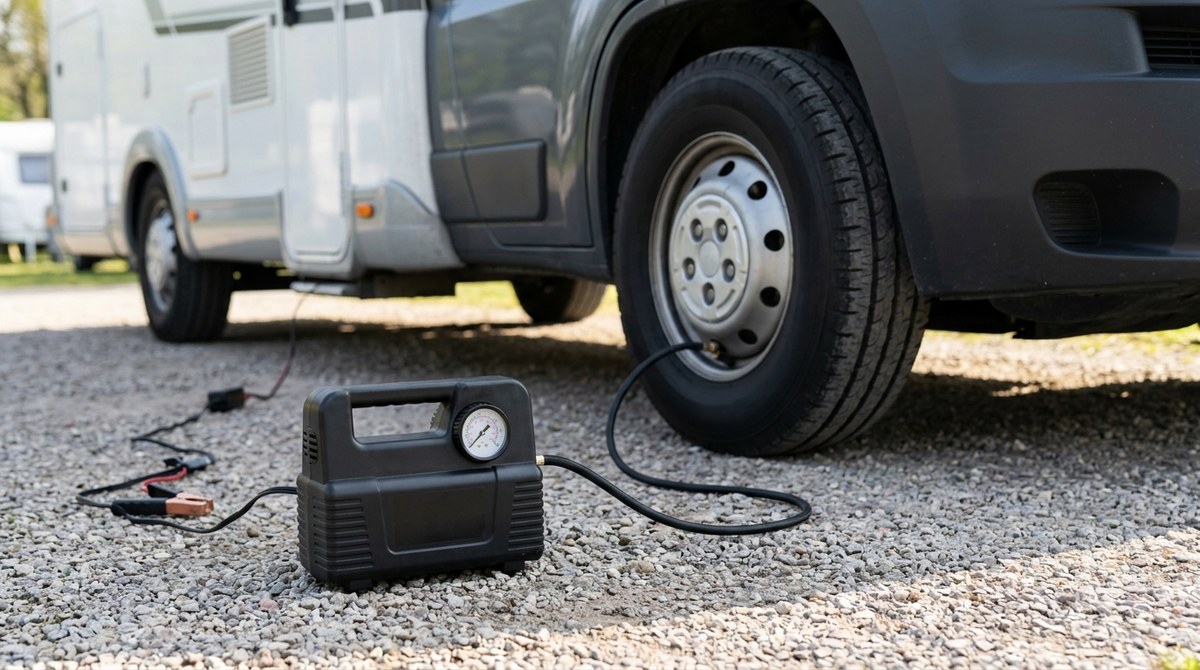12-Volt-Kompressor am Reifen eines Wohnmobils