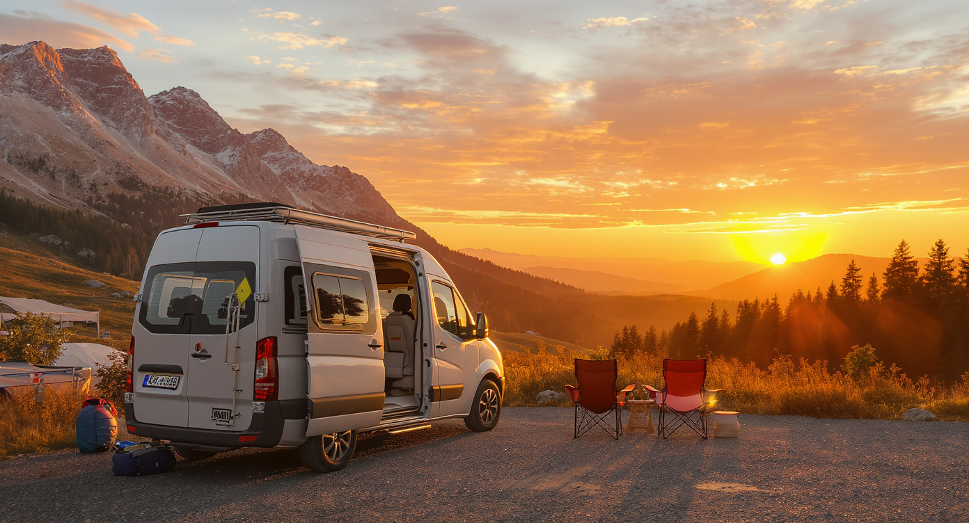 Camping-Urlaub Kosten – Wohnmobil am Stellplatz bei Sonnenuntergang