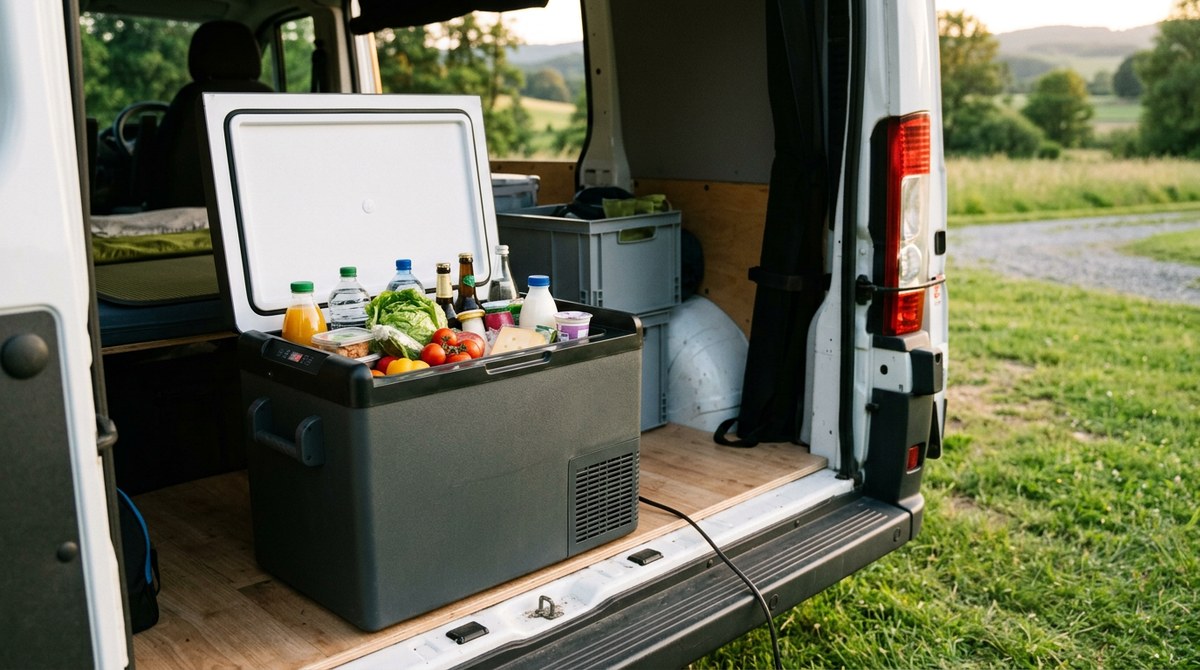 Kompressor-Kühlbox neben einem Campingstuhl vor dem Wohnmobil