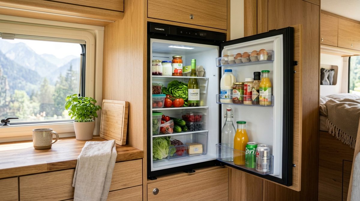 Geöffneter 12V-Kompressor-Kühlschrank im Campervan mit frischen Lebensmitteln