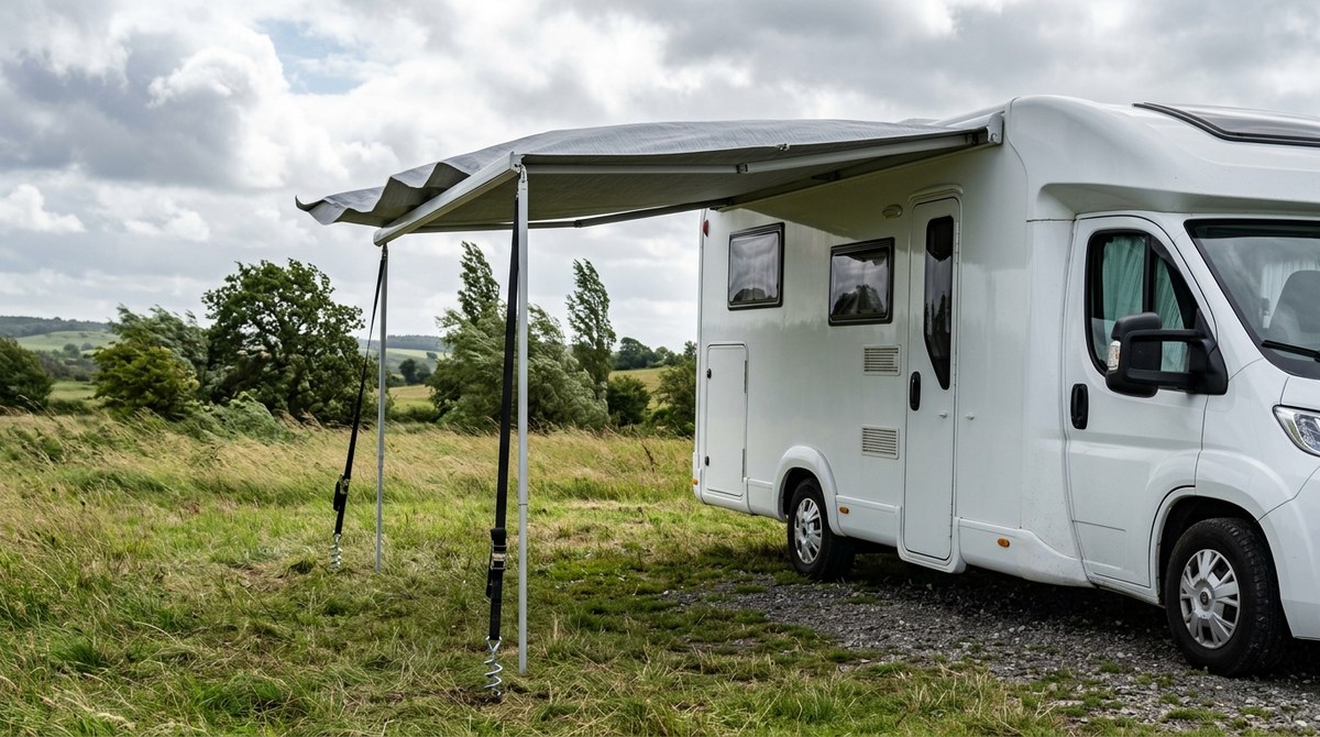 Wohnmobil-Markise mit abgespannten Stützfüßen