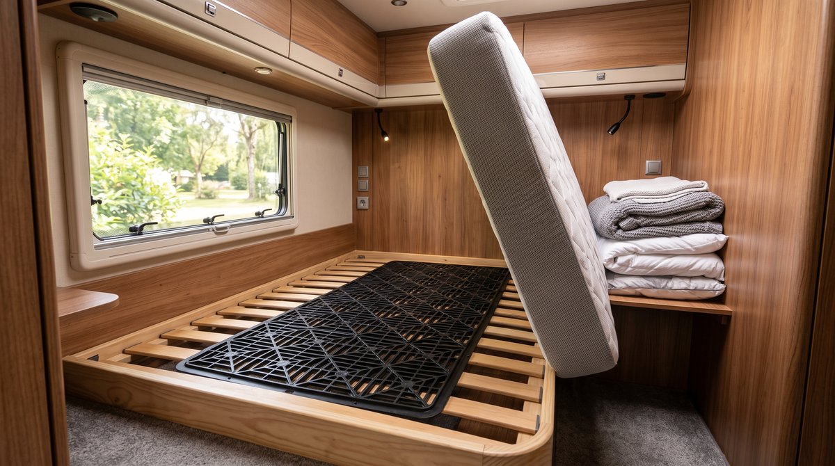 Wohnmobil-Bett mit aufgestellter Matratze und sichtbarer Unterlueftungsmatte auf der Bettplatte