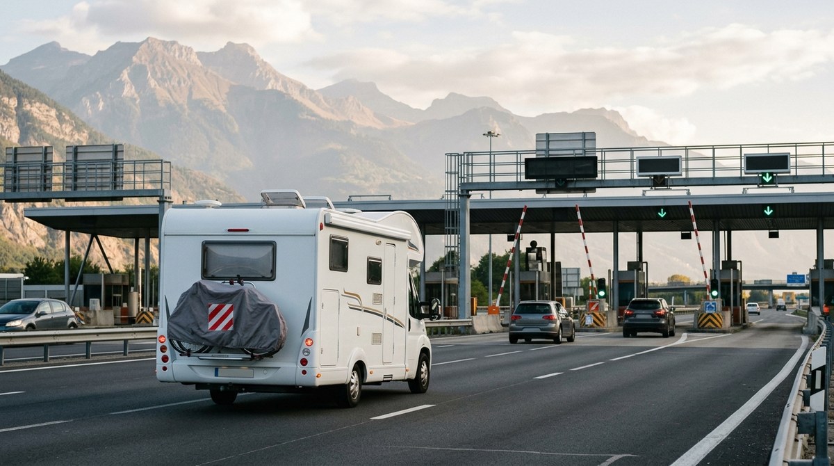 Wohnmobil passiert eine Mautstation auf einer europäischen Autobahn