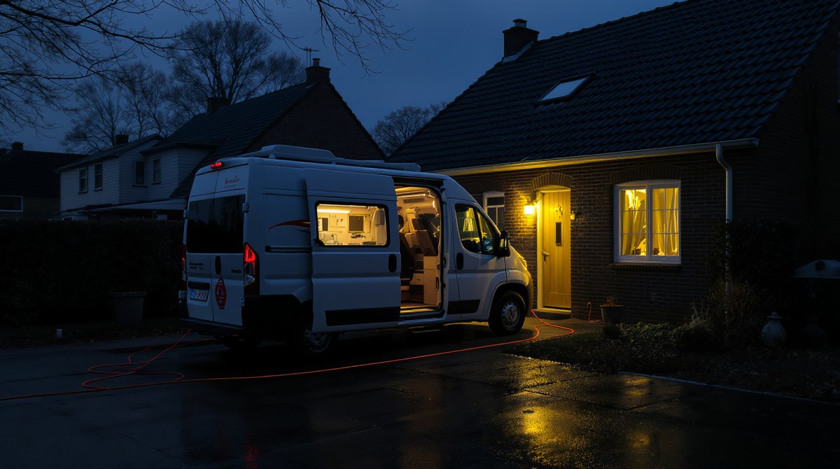 Verlängerungskabel führt vom Wohnmobil in der Einfahrt zum dunklen Wohnhaus
