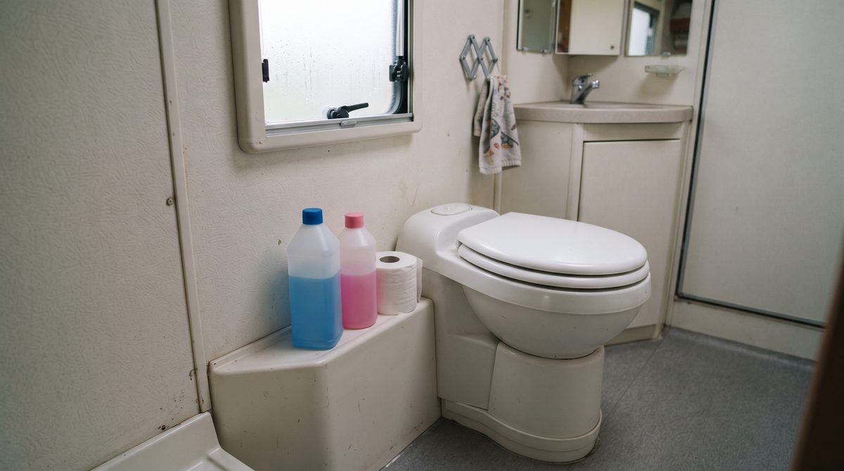 Campingtoilette mit Flaschen für Sanitär- und Spülzusatz