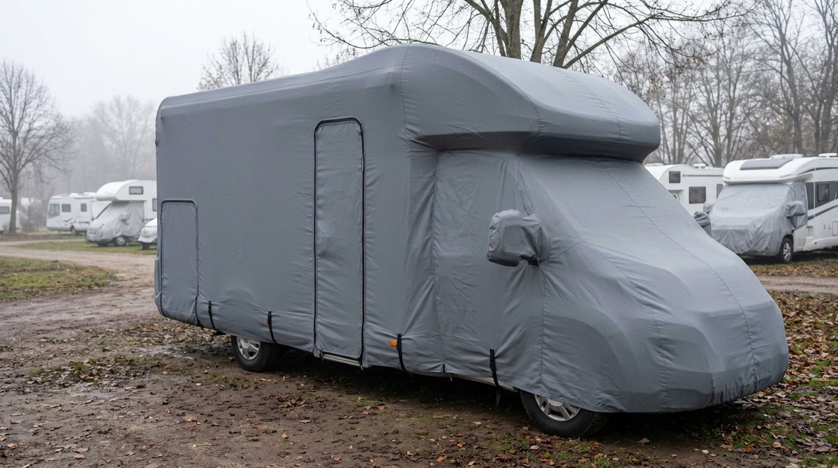 Wohnmobil mit atmungsaktiver Vollgarage auf einem Winterstellplatz