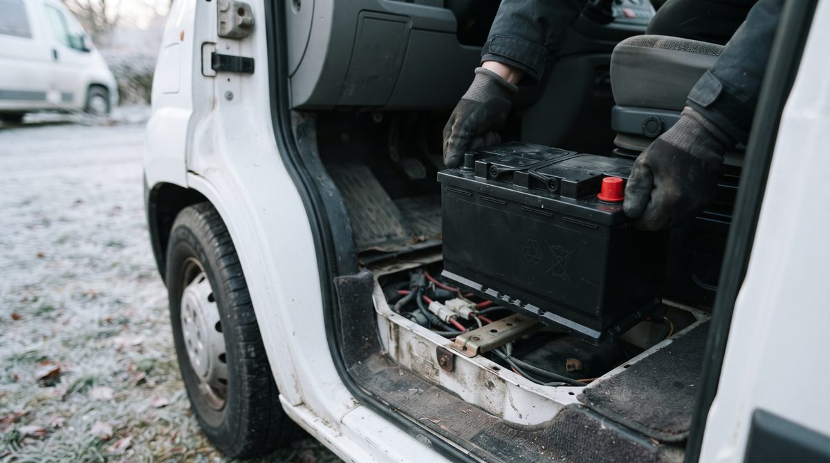 Starterbatterie wird im Fußraum eines Wohnmobils eingesetzt