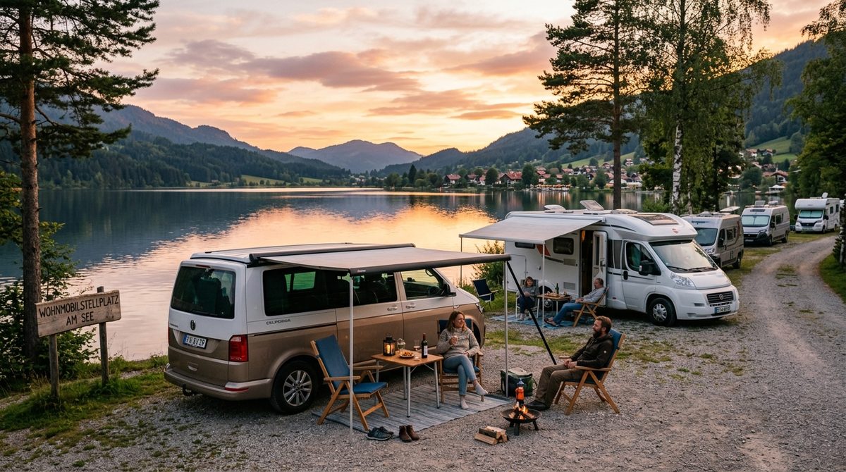 Wohnmobile auf Stellplatz am See bei Sonnenuntergang