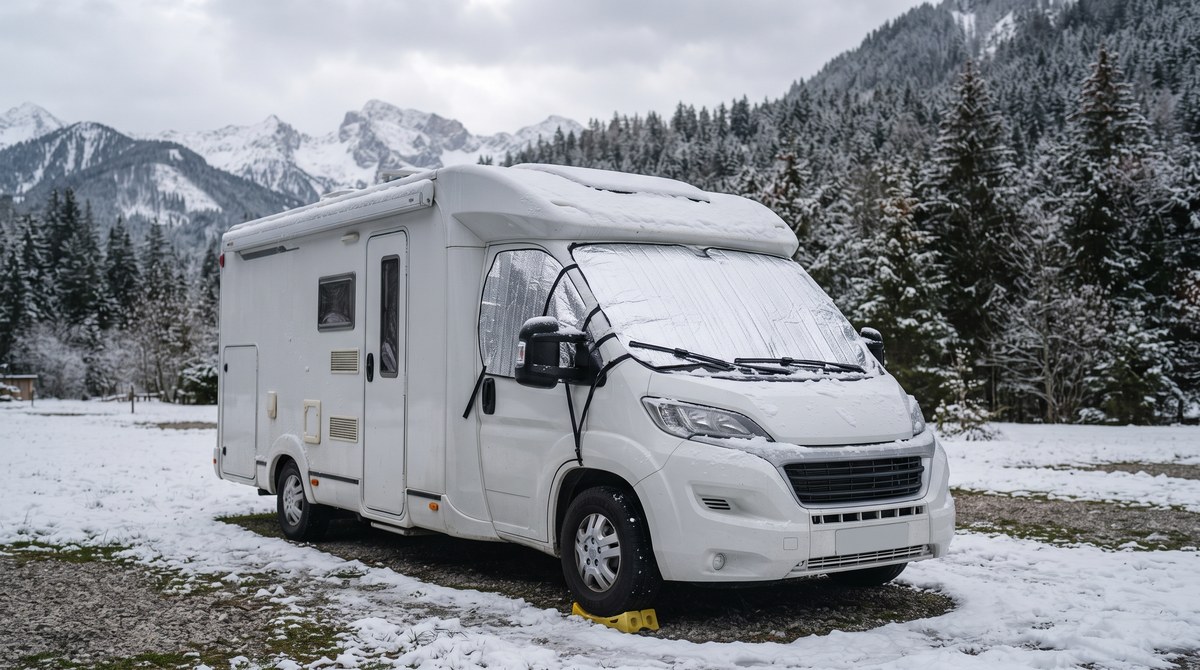 Thermomatte an der Frontscheibe eines Wohnmobils im Winter