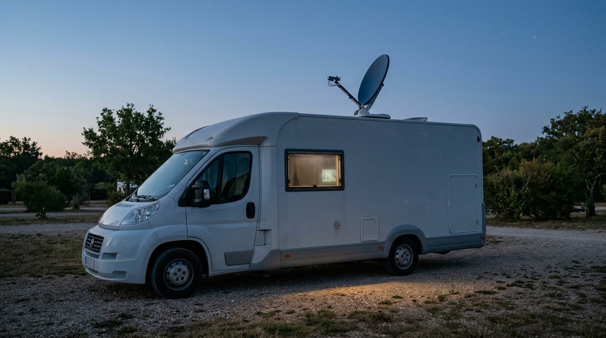 Wohnmobil mit Satellitenantenne auf dem Dach