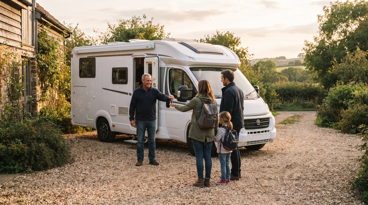 Wohnmobil wird an eine Mieterfamilie auf einem Hof übergeben, Schlüsselübergabe