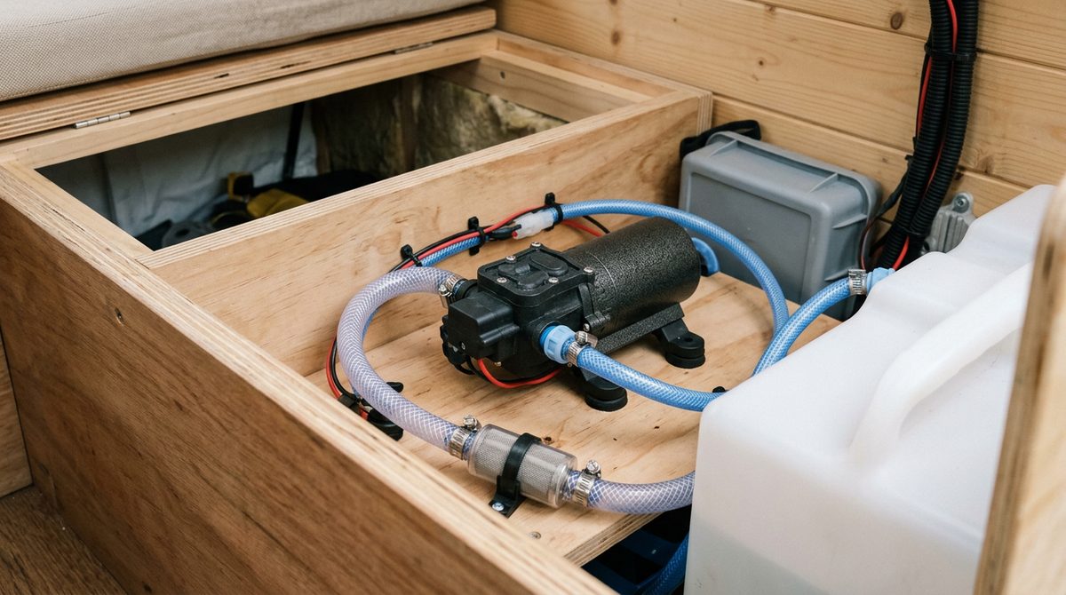 12-Volt-Wasserpumpe in der Sitzkiste eines Wohnmobils