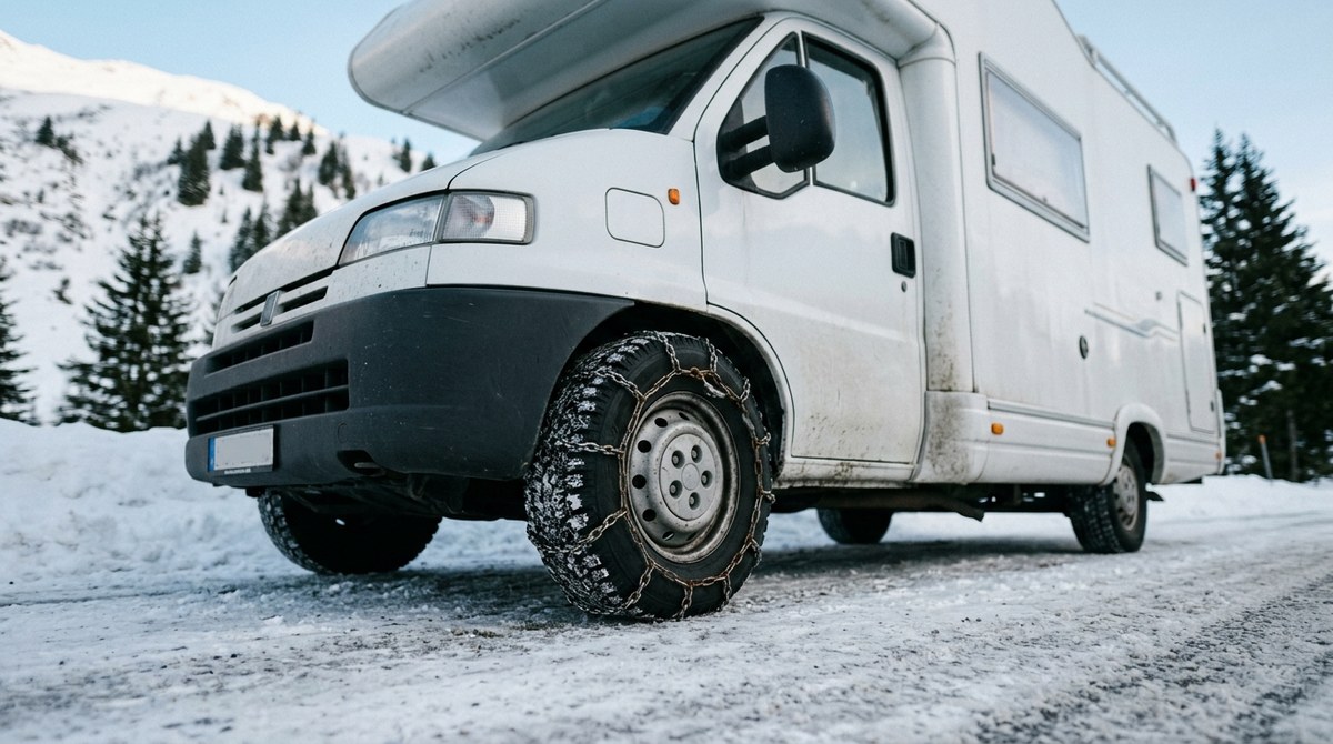 Wohnmobil mit Winterreifen und Schneekette auf verschneiter Strasse