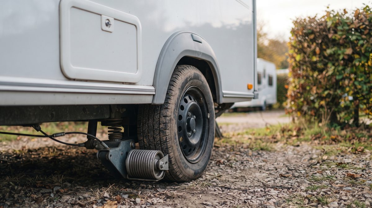 Wohnwagen-Mover mit Antriebsrolle am Reifen eines Wohnwagens