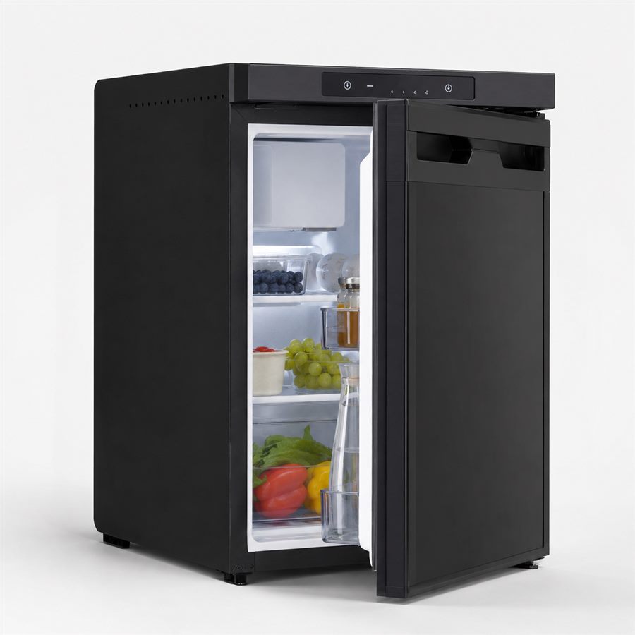 AREBOS 50L Wohnmobil-Kompressor-Kühlschrank mit geöffneter Fronttür